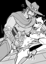 2boys armor beard big_penis blush brown_hair clothed clothing cole_cassidy cowboy_hat cum cumming cybernetics cyborg ejaculation erection frottage gay genji handjob hat helmet looking_at_another looking_at_partner male_masturbation male_only mask masked mutual_handjob overwatch penis_grab short_hair tagme_(artist) yaoi