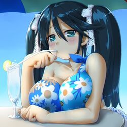 bikini blue_bikini blue_eyes collarbone cup dark_blue_hair dd_(ijigendd) drinking drinking_straw floral_print food fruit hair_between_eyes hair_ribbon isuzu_(kantai_collection) kantai_collection lemon lemon_slice long_hair looking_at_viewer ribbon swimsuit twintails upper_body white_ribbon