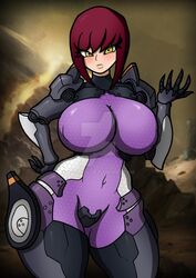 armor big_breasts blushing coldsixthousand ginebra hand_on_hip looking_at_viewer raiders_of_the_broken_planet red_hair robot_girl spacelords thick_thighs tight_clothing yellow_eyes