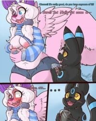 ... 1girls 2019 ambiguous_gender big_nipples black_body black_fur blue_eyes blue_markings blush breasts canid canine chubby clothing comic cup eeveelution english_text eyelashes fangs feathered_wings feathers feline female fur furry hair holding_object hybrid interspecies larger_female long_hair mammal markings nintendo nipples pokémon_(species) pokemon pokemon_(species) pokemon_gsc purple_body purple_feathers purple_fur shirt size_difference text thick_thighs topwear twintails umbreon video_games white_hair wide_hips wings xilrayne yellow_eyes yellow_sclera