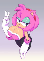 1girls alternate_breast_size alternate_costume amy_rose amy_the_bat anthro bedroom_eyes big_breasts bimbo breast_focus breasts cosplay elbow_gloves female female_only gloves green_eyes hedgehog huge_breasts nitro pink_fur pink_hair rouge_the_bat_(cosplay) seductive seductive_look seductive_smile smiling smiling_at_viewer solo sonic_(series) sonic_the_hedgehog_(series) thick thick_thighs v v_sign