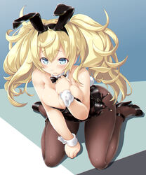 animal_ears bare_shoulders black_footwear black_legwear black_leotard blonde_hair blue_eyes blush bow bowtie breasts bunny_ears bunny_girl bunny_tail bunnysuit cleavage dd_(ijigendd) detached_collar eyebrows_visible_through_hair fake_animal_ears female full_body gambier_bay_(kantai_collection) hair_between_eyes high_heels highres kantai_collection large_breasts leotard long_hair looking_at_viewer open_mouth pantyhose side-tie_leotard solo strapless strapless_leotard tail twintails wrist_cuffs