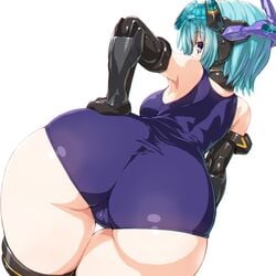 ass black_gloves black_legwear blue_hair blush breasts chromatic_aberration dd_(ijigendd) dutch_angle elbow_gloves eyebrows_visible_through_hair female frame_arms_girl from_behind gloves hand_on_hip headgear highres hresvelgr huge_ass legs_together looking_at_viewer looking_back mecha_musume medium_breasts one-piece_swimsuit purple_eyes school_swimsuit shiny shiny_clothes shiny_hair shiny_skin short_hair simple_background solo swimsuit thick_thighs thigh_gap thighhighs white_background wide_hips