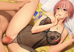 babydoll bed black_lingerie blue_eyes breasts condom go-toubun_no_hanayome happy_sex large_breasts lingerie missionary_position nakano_ichika negligee on_bed panties_aside penis pink_hair pussy pussy_grip rak_(kuraga) see_through sex sheer short_hair source_request thong thong_aside uncensored vaginal_penetration