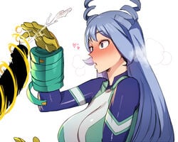 1boy 1girls :o bangs blue_eyes blue_hair blush blushing bodysuit breasts breath cum cumshot drill_hair ejaculation eyebrows_visible_through_hair female gloves hadou_nejire hadou_nejire_(hero_outfit) heart heart-shaped_pupils heavy_breathing hero_outfit_(mha) highres huge_breasts long_hair male mr._skull my_hero_academia nejire_hado nejire_hado_(hero_outfit) nose_blush penis penis_awe ratatatat74 solo_focus straight superhero symbol-shaped_pupils upper_body very_long_hair yellow_gloves