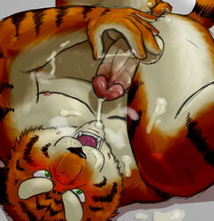 2014 anthro balls belly blush bodily_fluids cum cum_on_face cum_on_hand erection felid fingering genital_fluids genitals green_eyes kemono male male_only mammal pantherine penis slightly_chubby solo tiger wdh3905