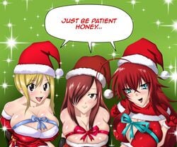 big_breasts bleedor blonde_hair breasts christmas commission demon_girl erza_scarlet fairy_tail high_school_dxd lucy_heartfilia open_mouth red_hair rias_gremory speech_bubble