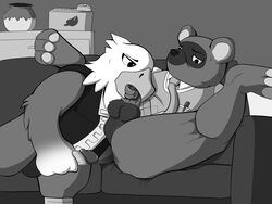 4:3 accipitrid accipitriform animal_crossing anthro apollo_(animal_crossing) avian beak beak_fetish beak_play beak_sex beakjob bird bodily_fluids camsan_r_s canid canine duo eagle fellatio furniture furry gay genitals hairy_testicles highres male mammal monochrome muscle_bird nintendo oral penile penis raccoon_dog saliva sex slightly_chubby sofa tanuki testicles tom_nook tongue yaoi