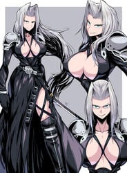 1girls 2020 belt breasts center_opening cleavage evil_smile eyebrows_visible_through_hair female female_only final_fantasy final_fantasy_vii genderswap_(mtf) gloves green_eyes grey_background hair_intakes highres holding_weapon large_breasts long_coat long_hair looking_at_viewer multiple_views no_bra rule_63 sephiroth shoulder_pads silver_hair smile solo standing suzusiigasuki sword thighs very_long_hair weapon white_hair