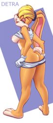 anthro ass basketball_uniform biped blonde_hair bottomwear breasts clothed clothing detra female fur hair handwear hi_res lagomorph leporid lola_bunny looking_at_viewer looking_back looney_tunes mammal multicolored_body multicolored_fur narrowed_eyes nipples open_mouth open_smile partially_clothed rabbit raised_clothing raised_shirt short_hair short_tail shorts shorts_down simple_background smile solo sportswear standing tied_ears topwear uniform warner_brothers