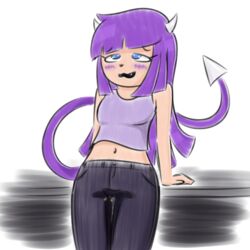 1girls 2020 anthro belly blue_eyes blush clothed clothing crop_top demon demon_girl female horns jeans leaning_back looking_up makifei omorashi open_mouth peeing peeing_self purple_hair relief simple_background sketch solo standing tail urine wetting