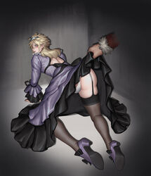 2boys all_fours ass blank_background blonde_hair blue_eyes canon_crossdressing cloud_strife crossdressing don_corneo dress dress_lift exposed_back femboy final_fantasy final_fantasy_vii garter garter_straps gay high_heels long_hair looking_back male male_focus male_only offscreen_character panties presenting_hindquarters purple_dress ring skyfiss stockings thunder_head tiara trap twink yaoi