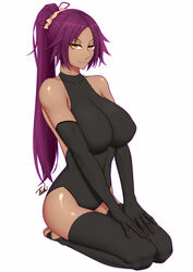 1girls big_breasts bleach dark-skinned_female dark_skin female female_only fully_clothed long_hair mature_female nipples nipples_visible_through_clothing ponytail purple_hair shihouin_yoruichi solo solo_female solo_focus stirrup_legwear stirrup_socks tsuki_riven yellow_eyes