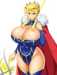 artoria_pendragon artoria_pendragon_(lancer) blonde_hair blush cleavage crown fate/grand_order fate_(series) female hair_ornament huge_breasts kawanuma_uotsuri long_hair partially_clothed smiling thick_thighs thong_leotard