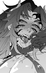 01moku 6_eyes ahe_gao close-up demon demon_slayer fangs horns kimetsu_no_yaiba kokushibo male male_only michikatsu_tsugikuni monochrome multi_eye saliva_trail solo