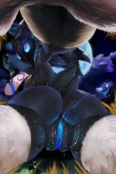 ass ass_focus blue_eyes cum_on_viewer furry kindred lamb lamb_(league_of_legends) league_of_legends looking_at_viewer looking_back mask pov presenting pussy pussy_juice riot_games saliva submissive_pov tagme theboogie