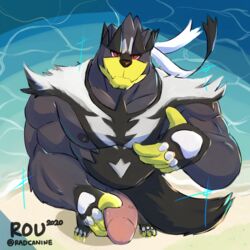 1:1 1boy 2020 3_toes 5_fingers anthro anthrofied bara beach black_body blush chubby dated eye_contact fingers furry grey_body half-closed_eyes hi_res high-angle_view holding_penis humanoid_genitalia humanoid_penis legendary_pokémon looking_at_viewer male male_only musclegut muscular muscular_male muzzle_(marking) nintendo nipples pecs penis pink_penis pokémon_(species) pokemon pokemon_ss radcanine red_eyes sand seaside single_strike_style_urshifu solo text toes urshifu ursine video_games water watermark