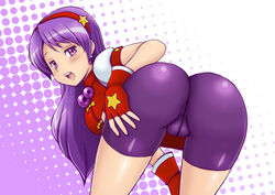 1girls ass ass_focus athena_asamiya bent_over big_ass bike_shorts cameltoe convenient_censoring dat_ass female female_only hand_on_ass hand_on_own_thigh king_of_fighters looking_at_viewer looking_back naughty_face open_mouth pose purple_eyes purple_hair smile snk solo teasing tsumitani_daisuke