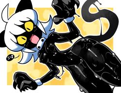 anthro background black_goo blush cat_ears claws crap-man fangs female female_only goo nenekoko_(crap-man) nipples slime slime_girl speech_bubble steam steaming_body tagme tail text white_hair wrist_cuffs yellow_sclera