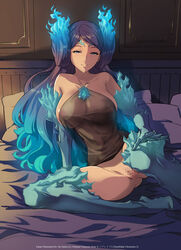 1girls ale_(ale_halexxx) blue_hair bottomless brighid_(xenoblade) censored halexxx large_breasts long_hair nintendo on_bed see-through see-through_clothing smile solo xenoblade_(series) xenoblade_chronicles_2