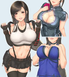 1girls beltskirt big_breasts black_gloves black_legwear black_skirt breasts brown_eyes brown_hair cleavage cleavage_cutout clothed clothing female female_only final_fantasy final_fantasy_vii final_fantasy_vii_remake fingerless_gloves gloves human human_only legwear long_hair looking_at_viewer miniskirt navel shiny shiny_hair shiny_skin skirt smile solo solo_female solo_focus sssemiii standing thighhighs tifa_lockhart