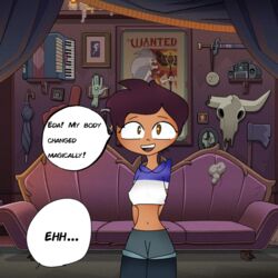 accordion brown_eyes brown_hair clothed clothed_female clothing disney disney_channel eda_clawthorne english english_text luz_noceda nipples sofa speech_bubble straight_hair the_owl_house