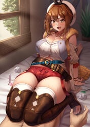 1boy 1girls aroused atelier_(series) atelier_ryza belt big_breasts blush brown_belt brown_boots brown_hair censored clothed_sex cowgirl_position ebekus_omom excited feet female_on_top femdom hat large_breasts light-skinned_female light-skinned_male light_skin micro_shorts momo_no_sukebe on_bed outercourse penis reisalin_stout sex short_hair shorts sitting_on_person skindentation tagme teenage_girl teenager thick_thighs thigh_boots thigh_job thigh_sex thighhighs thighjob thighs toeless_legwear toes