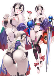 ass bangs bare_shoulders blush breasts ccjn cosplay fate/grand_order fate_(series) female full_body headpiece japanese_clothes jeanne_alter kimono large_breasts long_hair long_sleeves looking_at_viewer multiple_views nipples obi off_shoulder open_mouth revealing_clothes sash short_kimono shuten_douji_(fate) silver_hair simple_background sword thighs very_long_hair weapon white_background wide_sleeves yellow_eyes