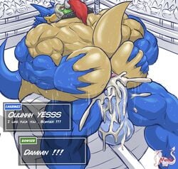 anal anthro anus ass back_muscles background_character background_characters balls beak biceps big_balls big_penis blue_balls blue_body blue_penis blue_skin bodily_fluids bowser butt_grab clenched_teeth collar cum cum_in_ass cum_inside dragon duo english_text erection excessive_cum eyebrows fight fighting_ring gay genital_fluids genitals grin hair hand_on_butt hi_res horn huge_balls huge_cock humanoid_genitalia humanoid_penis i.harmez_(masterelrest) looking_back male male/male male_only mario_(series) masterelrest muscular muscular_male nintendo nude original_character penis pink_anus pink_eyes profanity public quads raised_tail red_eyebrows red_hair scales shell smile spiked_collar spikes sweat tagme teeth text triceps video_games wrestling yellow_body yellow_scales