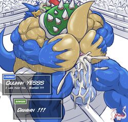 anal anthro anus ass background_character background_characters balls beak biceps big_balls big_penis blue_balls blue_body blue_penis blue_skin bodily_fluids bowser butt_grab clenched_teeth cum cum_in_ass cum_inside dragon duo english_text erection excessive_cum eyebrows fight fighting_ring gay genital_fluids genitals green_shell grin hair hand_on_butt hi_res horn huge_balls huge_cock humanoid_genitalia humanoid_penis i.harmez_(masterelrest) looking_back male male/male male_only mario_(series) masterelrest muscular muscular_male nintendo nude original_character penis pink_anus pink_eyes profanity public quads raised_tail red_eyebrows red_hair scales shell smile spiked_shell spikes sweat tagme teeth text triceps video_games wrestling yellow_body yellow_scales