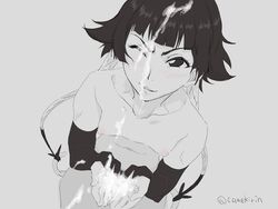 1girls black_hair bleach bukkake camekirin cum cum_on_closed_eye cum_on_face cum_on_hair cupping_cum hetero kneeling monochrome nude short_black_hair short_hair small_breasts soifon solo straight