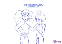 2girls antlers buckteeth clothed_female_nude_female crying deer_girl deltarune dialogue dreary english english_text fins fish_girl freckles hand_on_hip hand_on_shoulder hiding holding_breasts monster_girl no_humans noelle_holiday police police_uniform policewoman ponytail public_nudity sharp_teeth text undyne yelling