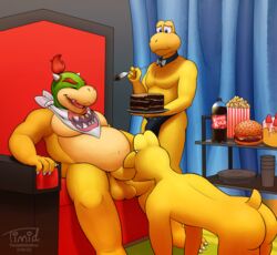 2020 anthro ass balls bandana belly big_belly blush bow_tie bowser_jr. bulge burger cake chair chocolate_cake clothing cups curtains cutlery eyebrows feeding food fork furniture genitals group hair hi_res kitchen_utensils koopa koopa_troopa male male/male male_only mario_(series) musclegut muscular muscular_male nintendo nude oral penis plates popcorn scalie skinny teeth throne timidwithapen tongue tools underwear video_games