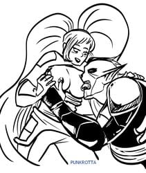 1boy 1girls alien bare_breasts black_and_white breasts clothed entrapta female hordak licking_breast male masters_of_the_universe nipple nipple_rub nipples punkrotta she-ra_and_the_princesses_of_power straight tongue touching_nipples