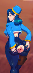 1girls anus ass ass_grab ass_spread asshole big_ass blue_eyes blue_hair breasts cutout fat_ass female galaxy_police huge_ass inviting kiyone_makibi large_ass long_hair looking_at_viewer looking_back orange-peel pale-skinned_female pale_skin pink_anus presenting presenting_hindquarters smile solo tenchi_muyo! thick_ass thick_thighs uniform voluptuous wide_hips