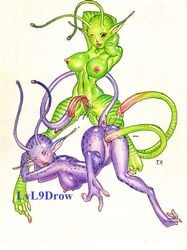 2_tails 3_toes alien alien_humanoid ambiguous_gender antennae_(anatomy) ass_up black_sclera breasts closed_eyes duo erect_nipples female flying genitals green_body green_skin hands_behind_head humanoid intersex intersex/female liking long_ears long_tail looking_at_viewer looking_pleasured lvl9drow multi_tail multiple_tails nipples nude nymph one_eye_closed open_mouth pink_nipples purple_body purple_skin pussy raised_tail simple_background sky_nymph spread_legs spreading tail toes tongue tongue_out white_background wink