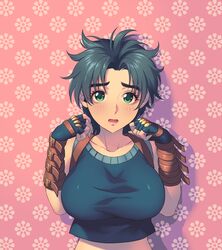 1girls 2015 armlet bare_shoulders blush breasts crop_top cute embarrassed eyebrows_visible_through_hair female female_focus female_only fingerless_gloves fully_clothed genderswap_(mtf) gloves green_eyes green_hair highres huge_breasts human jojo's_bizarre_adventure jonathan_joestar light-skinned_female light_skin looking_at_viewer midriff open_mouth phantom_blood rule_63 shadow short_hair shounen_jump simple_background solo tank_top tora_ryū upper_body w_arms