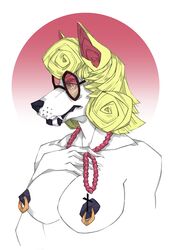 anthro big_breasts black_lips blonde_hair breasts canid canine canis clothed clothing cross domestic_dog eyewear female fur glasses hair hi_res jewelry lips mammal maria_(character) necklace nipple_piercing nipples piercing pompadour portrait rosary solo thick_lips topless usdomingos white_body white_fur
