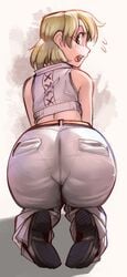 1girls alternate_costume ashley_graham ashley_graham_(brooke_elizabeth_mathieson) ass bent_over big_ass blonde_hair capcom embarrassed fair-skinned_female fair_skin female female_focus female_only light-skinned_female light_skin midriff on_knees panties panties_visible_through_clothing pants pantylines resident_evil resident_evil_4 short_hair solo solo_female solo_focus tight_clothing wamudraws