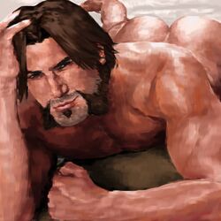 1boy ass beard bottomless butt cheeks cole_cassidy human human_only long_hair long_hair_male looking_at_viewer male male_focus male_only naked nude nude_male overwatch shiny_ass shiny_skin solo solo_male soul_patch stubble topless