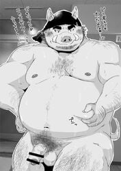 2020 anthro balls belly blush censored flaccid genitals hi_res humanoid_hands japanese_text kemono male male_only mammal monochrome moobs navel nipples overweight overweight_male penis pubes shintatokoro solo suid suina sus_(pig) text wild_boar