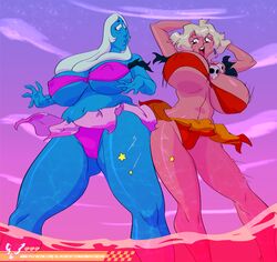 2girls alien big_breasts bikini blonde_hair blue_body blue_diamond_(steven_universe) blue_eyes blue_skin blush bouncing_breasts breasts cameltoe cartoon_network clothing crossover duo ear_piercing eastern_and_western_character gem_(species) giantess hair huge_breasts human jungle_de_ikou mammal mii_(jungle_de_ikou) navel nipple_bulge open_mouth outdoors patreon piercing pokies slb steven_universe swimsuit swimwear water white_hair worm's-eye_view