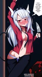 2girls blush demon demon_girl demon_horns demon_tail drunk female helltaker hiccuping horns knife lucifer_(helltaker) malina_(helltaker) open_clothes panties red_eyes white_hair