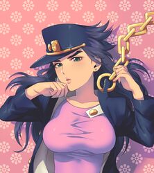 1girls 2015 black_hair breasts chains earrings female female_focus female_jotaro female_only fully_clothed genderswap_(mtf) green_eyes hat highres human impossible_clothes impossible_shirt jacket jojo's_bizarre_adventure jotaro_kujo large_breasts light-skinned_female light_skin lips long_hair looking_at_viewer open_jacket open_mouth rule_63 shadow shirt shounen_jump solo stardust_crusaders tora_ryū upper_body