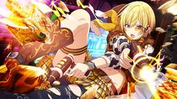 belt blonde_hair boots bracelet clothes cowboy_boots cowgirl female gun idolmaster idolmaster_shiny_colors jewelry navel open_mouth orange-tinted_eyewear raygun ripped_pants saijou_juri scouter shirt short_hair skirt tagme thigh_strap thighs tinted_eyewear