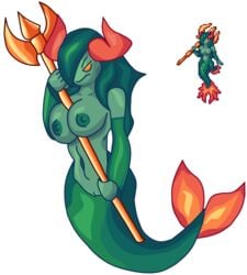 angry anthro big_breasts breasts calamity_mod edit female green_hair green_skin horns mermaid monster_girl naked nipples object_between_breasts one_eye_covered orange_eyes pussy siren siren_(calamity_mod) solo spectrallevi tail terraria trident white_background