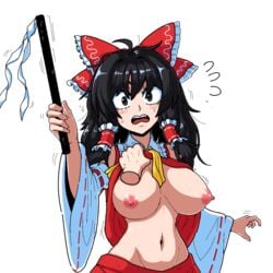 1girls black_eyes black_hair breasts formicid gohei large_breasts miko red_bow reimu_hakurei shirt_lift shirt_up shocked shrine_maiden touhou