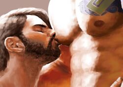 2boys cole_cassidy gay hanzo_shimada licking_male_nipple male male/male male_nipple_licking overwatch sucking_male_nipple