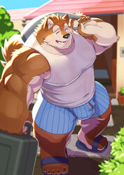 2020 anthro barazoku belly black_nose bulge canid canine canis clothing detailed_background domestic_dog footwear genitals hi_res humanoid_hands kemono male male_only mammal matotoma one_eye_closed outside penis sandals shirt solo topwear underwear wink