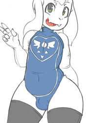 1boy asriel_dreemurr black_thighhighs bulge erect_nipples femboy goat goat_ears leotard male_only no_humans non-human non-human_only railroad_mejic undertale v_sign